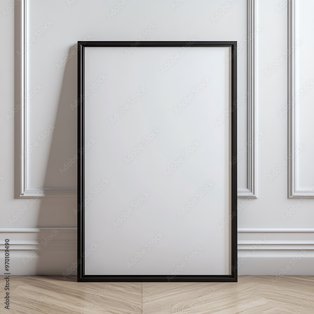 Black Picture Frame Mockup on White Wall with Wooden Floor Black Picture Frame Mockup on White Wall with Wooden Floor