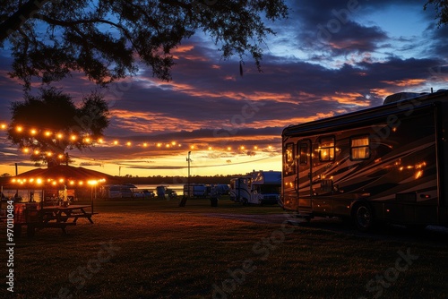 Sunset at RV park with motor home lights