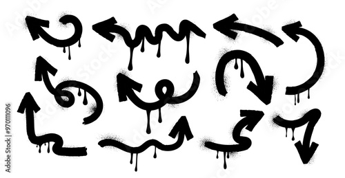 Set of arrows in hand drawn style. Icon. Brush. Charcoal and crayon. Drawing. Scribble pencil. Grunge texture shape. Trendy elements. Collection graffiti. Spray, dots. Melted paint. Ink. Freehand.