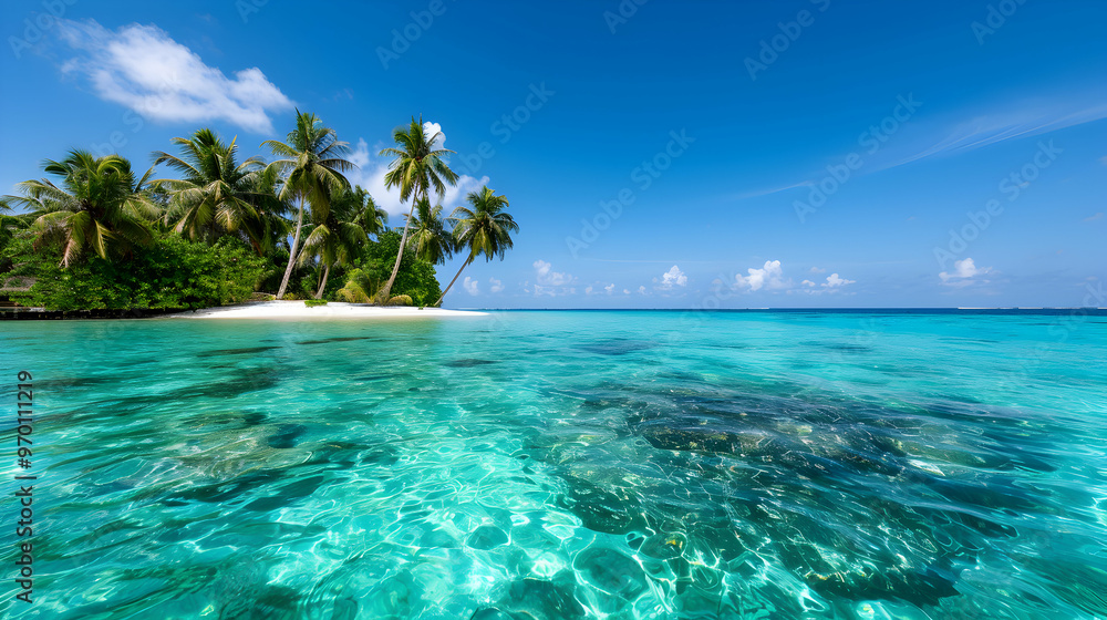 Fototapeta premium Tropical Paradise With Blue Sea And Green Island