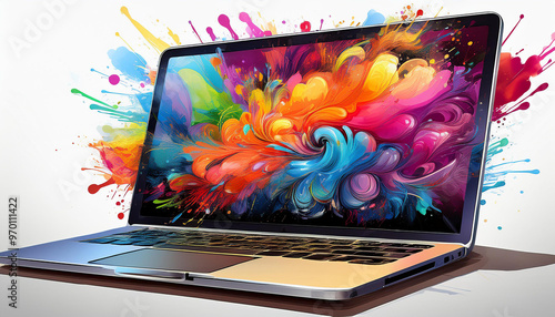 開いたノートパソコンのスクリーンに鮮やかな色彩が爆発するようなデザインが描かれています。カラフルなペイントが画面から飛び出しているように見え、創造性やアートを象徴しています。generative AI