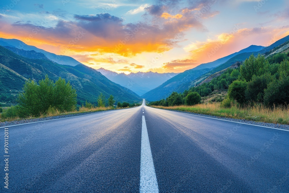 Naklejka premium Sunset over mountain with asphalt road and sky clouds