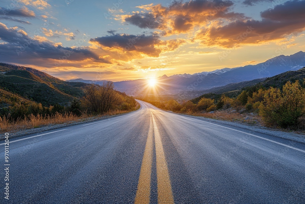 Fototapeta premium Sunset over mountainous asphalt road