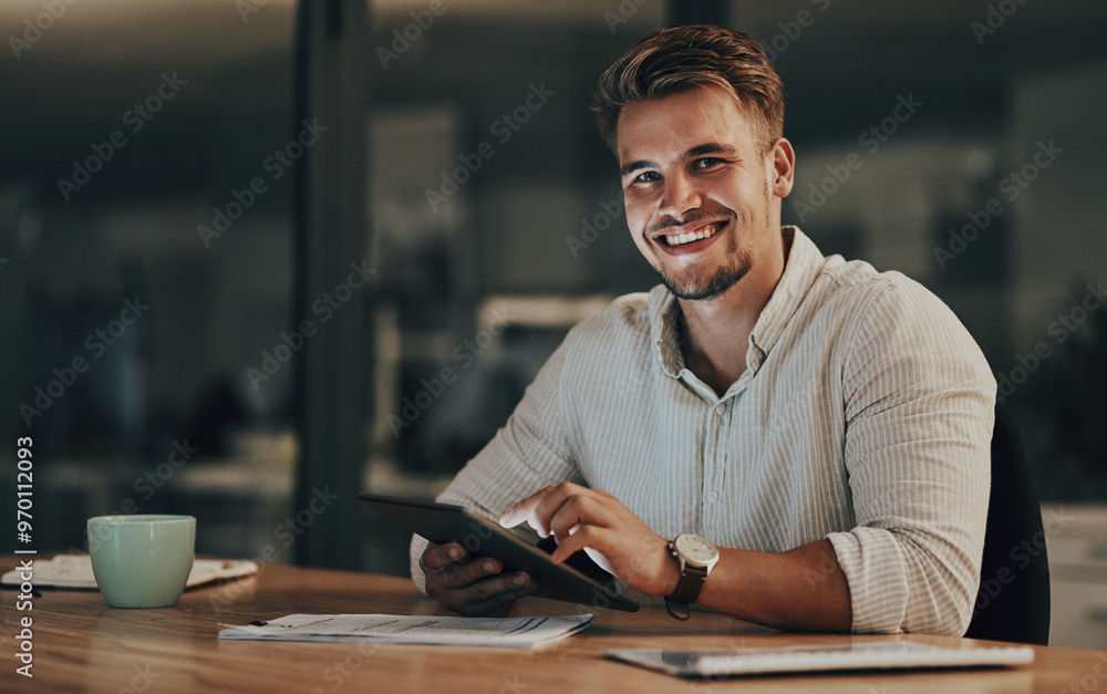 Night, tablet and portrait with business man in office for network, communication or administration. Auditor, processing clerk and online report with person in agency for system record and feedback Night, tablet and portrait with business man in office for network, communication or administration. Auditor, processing clerk and online report with person in agency for system record and feedback