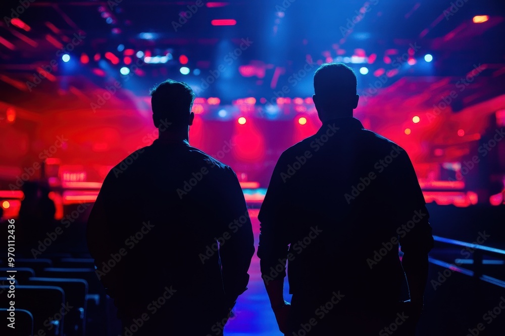Two pro gamers at Cyber Games Championship in stylish back view shot Two pro gamers at Cyber Games Championship in stylish back view shot