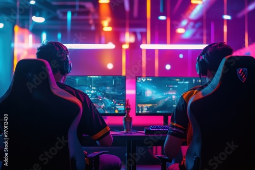 Two pro gaming esport teams compete in online streaming tournament for championship in stylish neon cyber games arena with center trophy photo