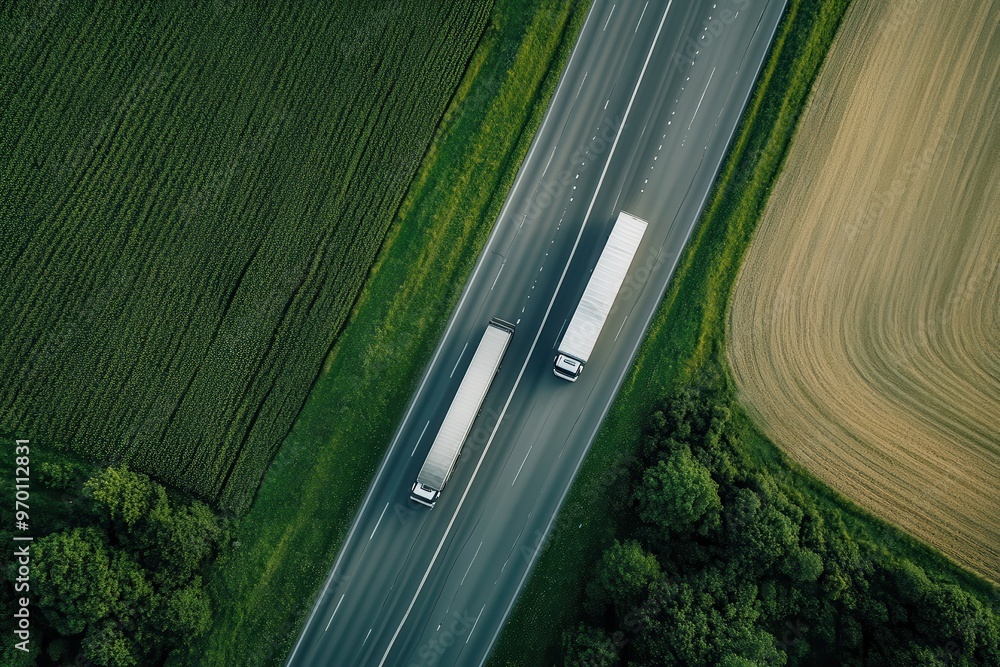Two trucks drive on highway intersection road between fields viewed from drone Two trucks drive on highway intersection road between fields viewed from drone