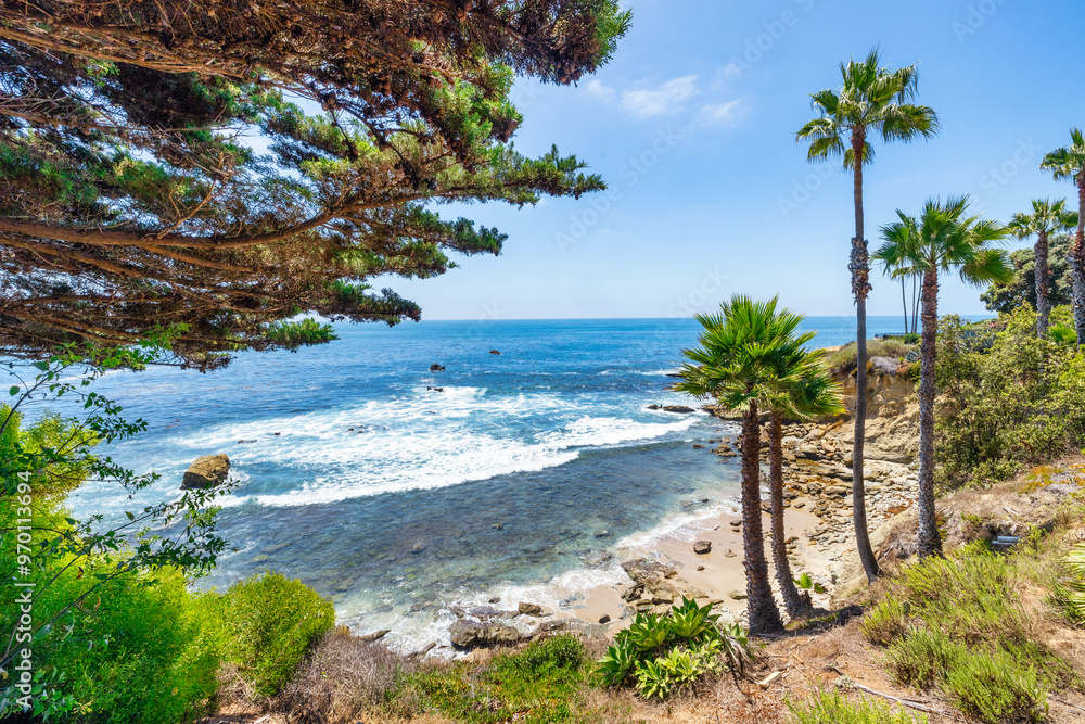 Beautiful landscape of Laguna Beach ocean coastline with palm trees in Treasure Island Park, Orange County, California, USA Beautiful landscape of Laguna Beach ocean coastline with palm trees in Treasure Island Park, Orange County, California, USA