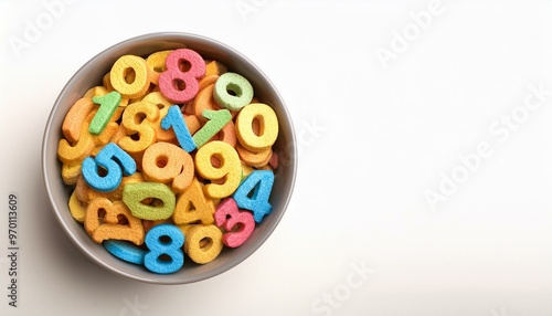 A bowl full of number shaped cereal, 