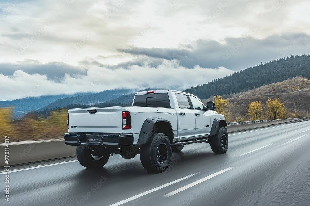 White pickup truck with black box drives on highway Off Road package includes skid plates mud flaps all terrain tires and suspension lift for off road use White pickup truck with black box drives on highway Off Road package includes skid plates mud flaps all terrain tires and suspension lift for off road use