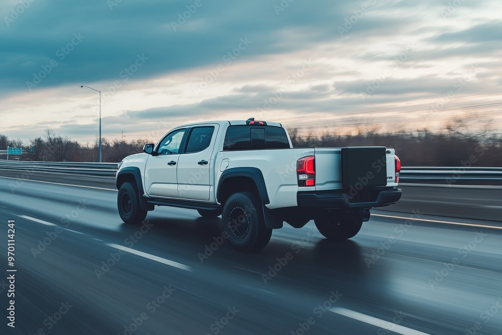 White pickup truck with Off Road package driving on highway with black box on back