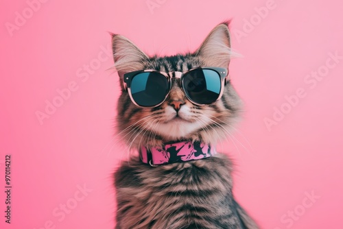 A stylish cat in sunglasses and a fashionable collar poses confidently against a vibrant pink background, exuding charm and personality in this playful and modern portrait.