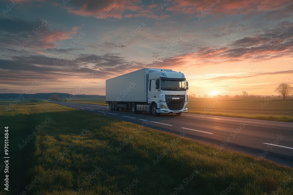 White truck on asphalt road in rural landscape at sunset White truck on asphalt road in rural landscape at sunset