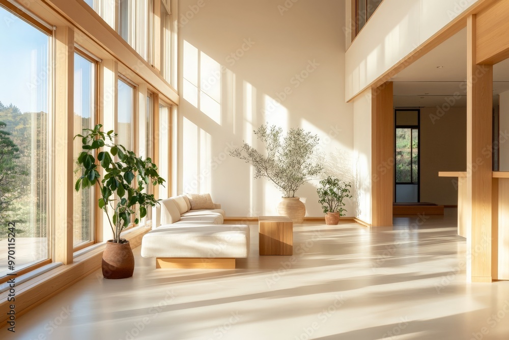 Obraz premium A modern, sunlit living area designed with large windows, minimalist furniture, and an assortment of greenery, presenting a calm and aesthetically pleasing environment bathed in natural light.