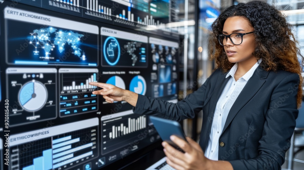 Businesswoman Analyzing Financial Data On Dashboard With Charts, Graphs, Modern Office Setting Businesswoman Analyzing Financial Data On Dashboard With Charts, Graphs, Modern Office Setting