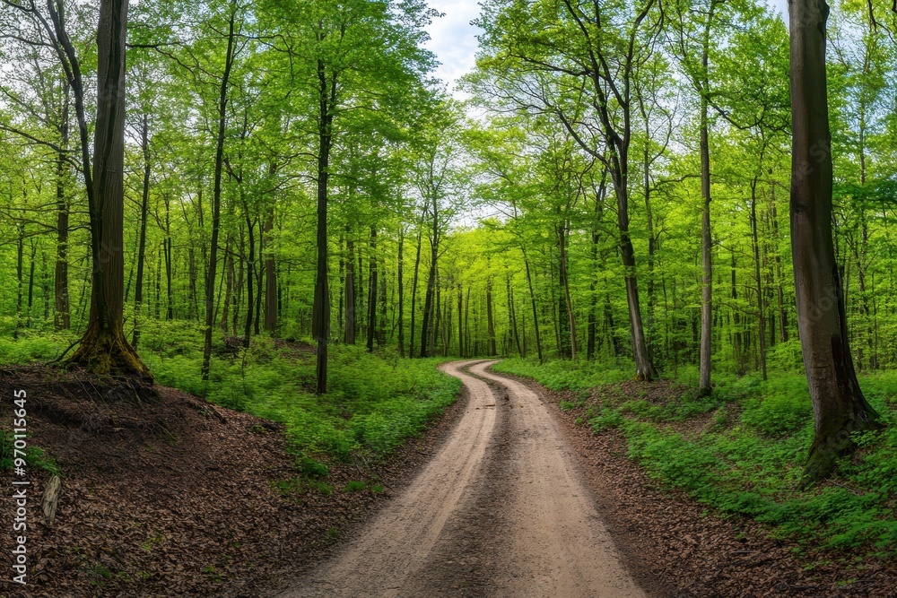 Obraz premium Widescreen view of a lush spring forest with empty road
