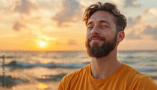 Man Meditating on a Beach at Sunrise with Calm Waves, Finding Peace and Balance Through Mindfulness