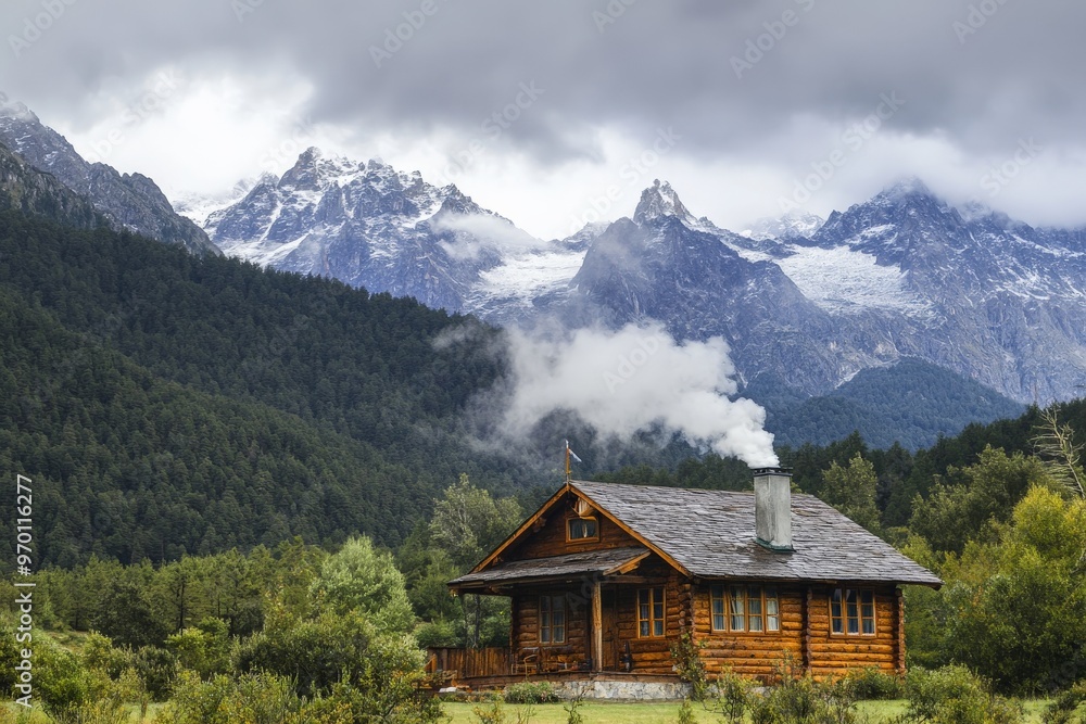 A cozy wooden cabin with smoke rising from its chimney is nestled in a lush, green forest with snow-capped mountains in the background under a cloudy sky, providing a serene retreat. A cozy wooden cabin with smoke rising from its chimney is nestled in a lush, green forest with snow-capped mountains in the background under a cloudy sky, providing a serene retreat.