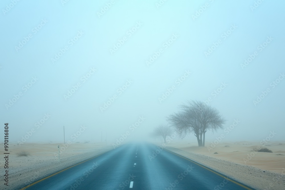 Winter in Qatar misty on desert road north side Winter in Qatar misty on desert road north side