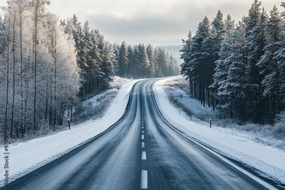 Winter highway cutting through forest landscape Winter highway cutting through forest landscape