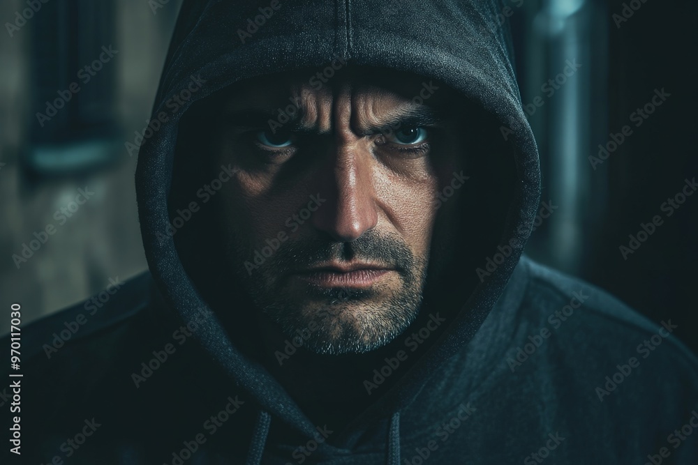 A dark and gritty photo of a serious man in a hoodie, looking directly at the camera with a stern expression. The nighttime background adds to the intensity. A dark and gritty photo of a serious man in a hoodie, looking directly at the camera with a stern expression. The nighttime background adds to the intensity.