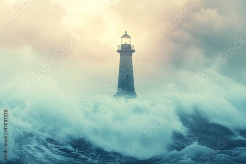 A towering lighthouse bathed in sunlight stands resolute amidst a raging sea with gigantic waves crashing, symbolizing strength, resilience, and guidance through chaos.