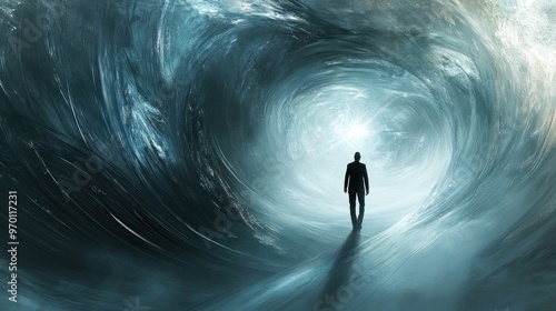 Man in Silhouette Walking Towards a Light in a Swirling Blue Vortex