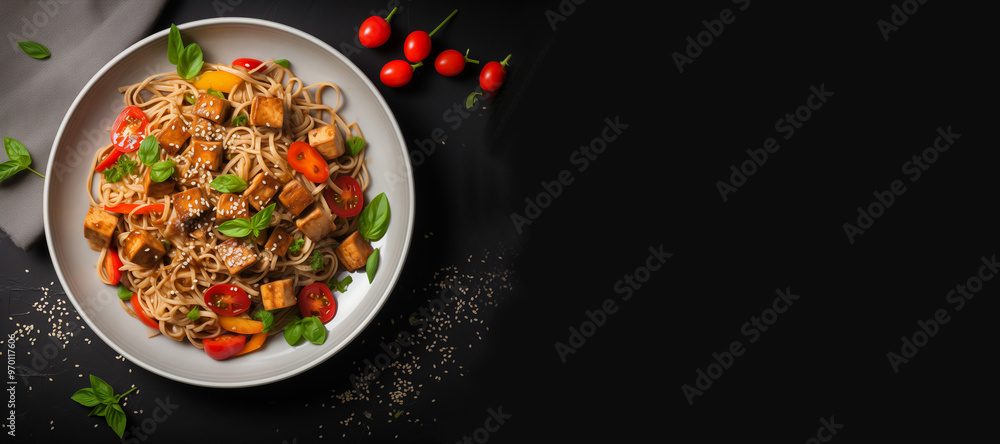 Delicious vegetarian buckwheat noodle salad with tofu and fresh vegetables served with copy space Delicious vegetarian buckwheat noodle salad with tofu and fresh vegetables served with copy space