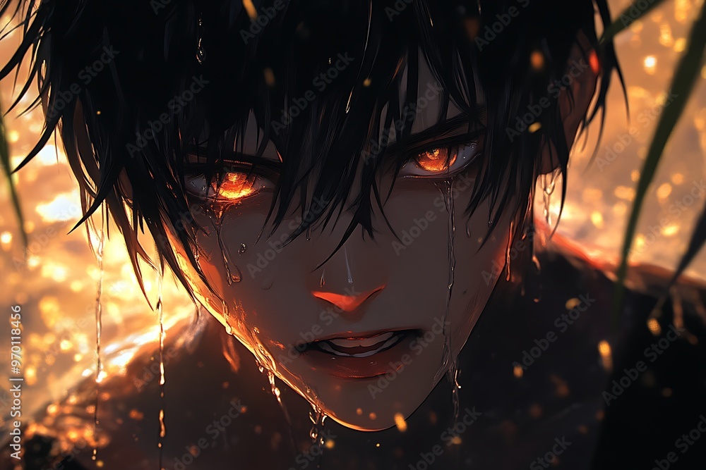 Angry Anime Boy with Red Eyes and Black Hair. Illustration of Fiery ...