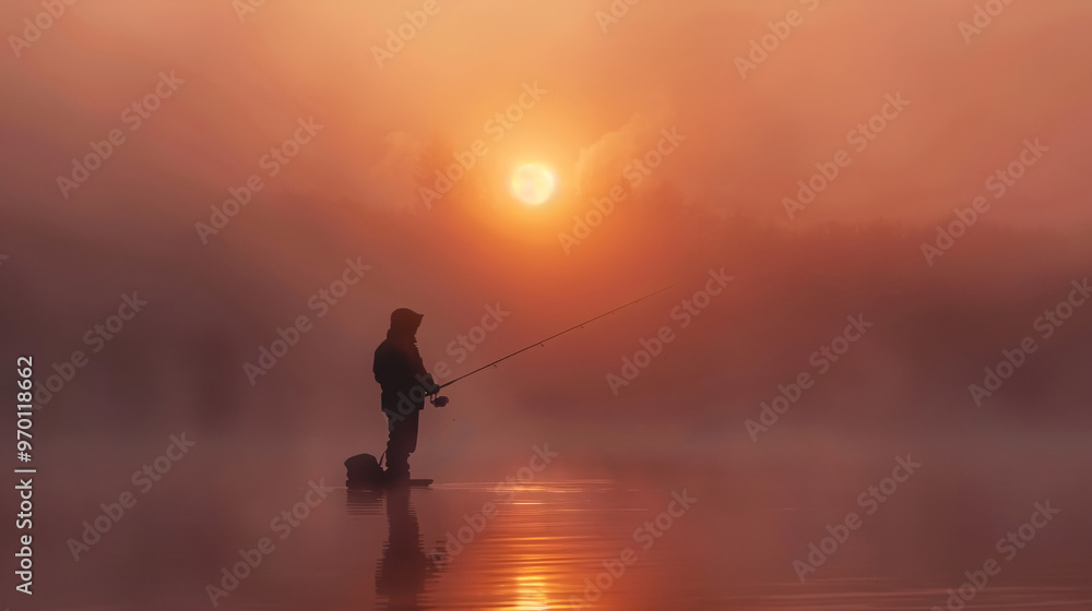 Fisher Fishing on Foggy Sunrise: Early morning fishing scene. Fisher Fishing on Foggy Sunrise: Early morning fishing scene.