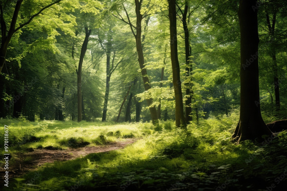 Naklejka premium Beautiful green forest and tree with sun reflection background, Natural background of tree and forest