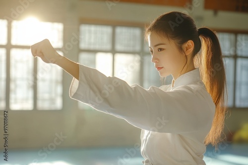 Woman practicing tai chi chuan with Chinese energy management skills in gym photo