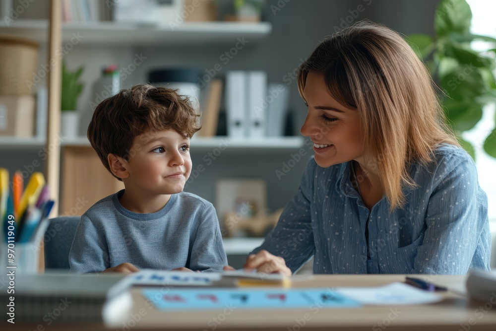 Woman speech therapist helping dyslexic child learn letters playing games in office Woman speech therapist helping dyslexic child learn letters playing games in office