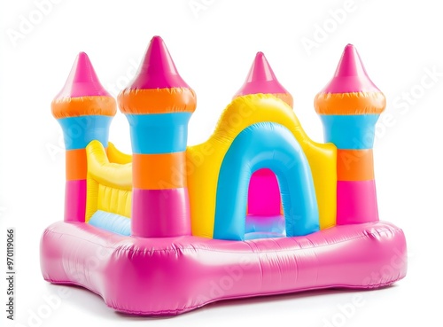 Inflatable castle inflatable outdoors on white background. photo