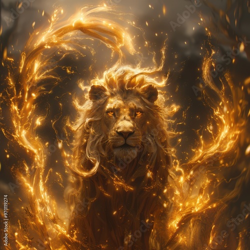 Majestic lion surrounded by fiery, golden flames, creating a powerful, mystical atmosphere.