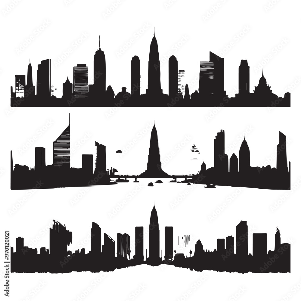 Naklejka premium Set of skyline silhouettes isolated on a white background, Vector illustration.
