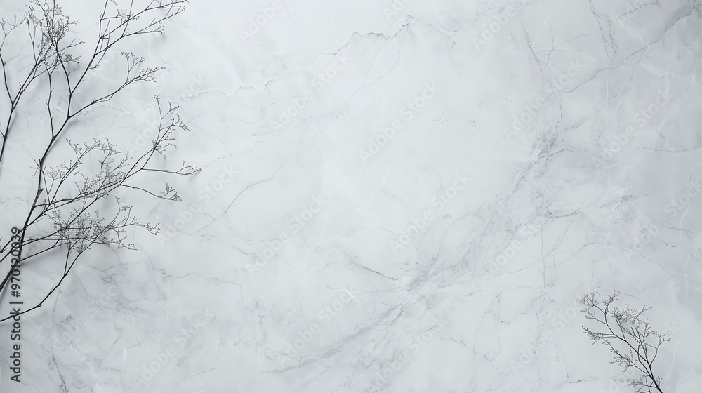 Fototapeta Minimalistic light gray marble texture with delicate branches, perfect for banners, elegant backgrounds, marketing materials, and copyspace for text, suitable for website and branding designs.
