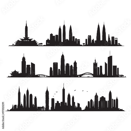 Set of skyline silhouettes isolated on a white background, Vector illustration.