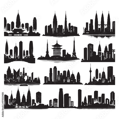 Set of skyline silhouettes isolated on a white background, Vector illustration.
