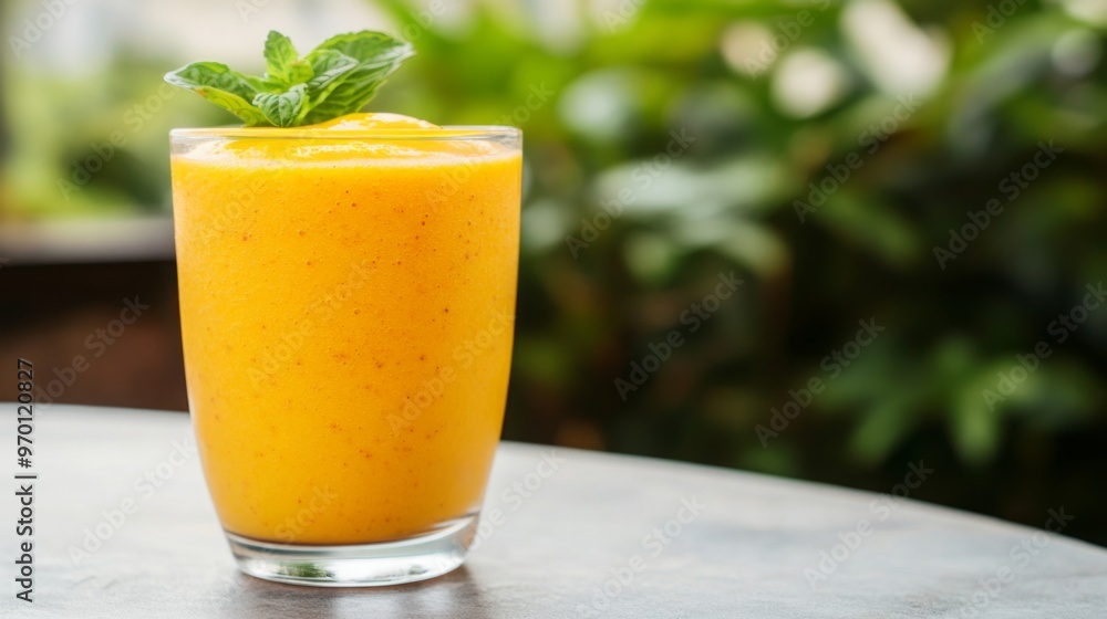 A bright yellow mango smoothie in a glass, topped with fresh mint leaves, providing a refreshing and healthy tropical drink option A bright yellow mango smoothie in a glass, topped with fresh mint leaves, providing a refreshing and healthy tropical drink option