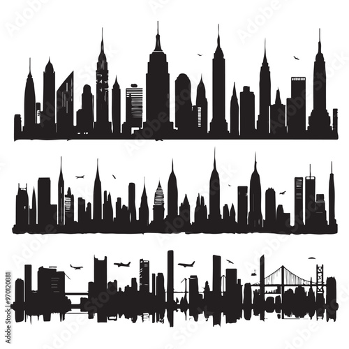 Set of skyline silhouettes isolated on a white background, Vector illustration.