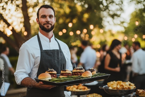 A chef presenting gourmet burgers with asparagus at an outdoor event, showcasing culinary expertise, fresh ingredients, and a lively, festive environment with warm lighting. photo