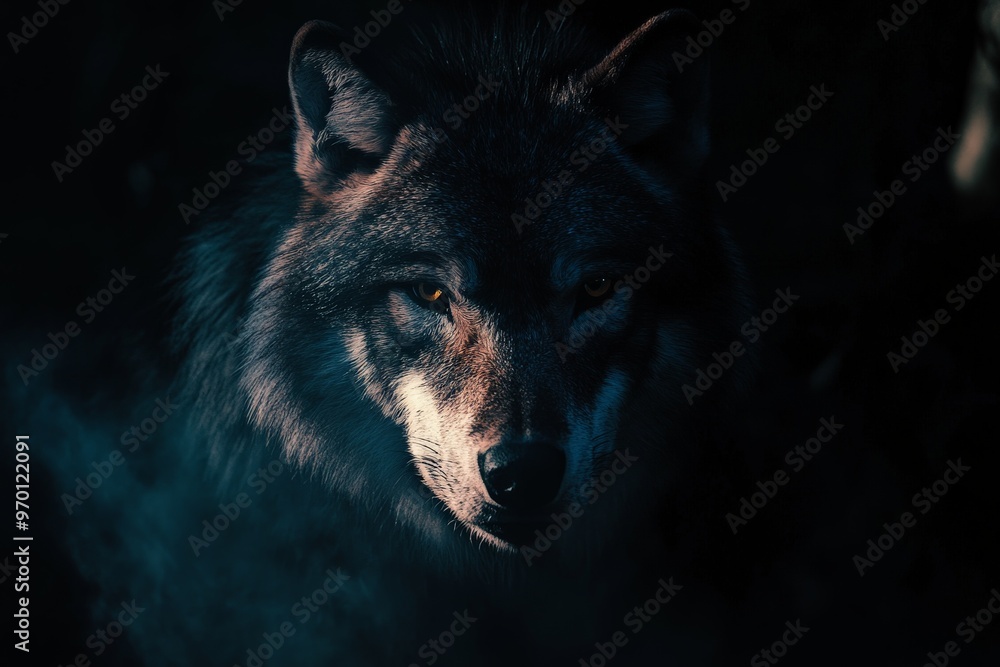 A wolf with intense eyes emerging from the shadows of a forest, evoking a sense of mystery, strength, and solitude against a muted background. A wolf with intense eyes emerging from the shadows of a forest, evoking a sense of mystery, strength, and solitude against a muted background.