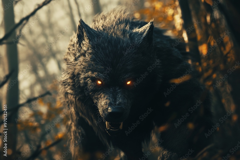 A menacing wolf with glowing eyes prowls through a dark forest filled ...