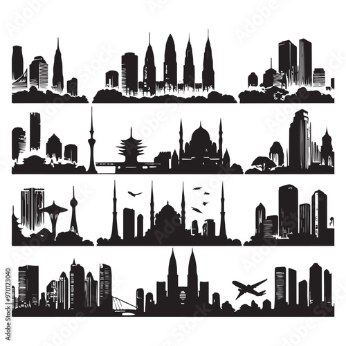 Set of skyline silhouettes isolated on a white background, Vector illustration.