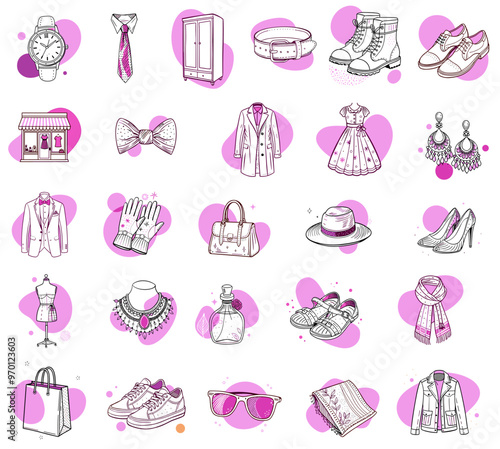 Fashion and accessories illustration collage featuring various clothing items and accessories on a pink background