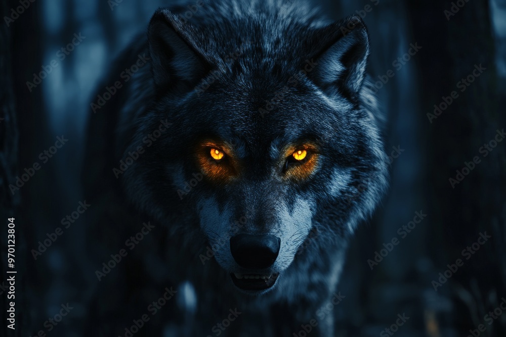 Fototapeta A close-up of a wolf with piercing orange eyes glowing in the dark, surrounded by the shadows of a dense forest, capturing the wild and mysterious nature of the wolf.