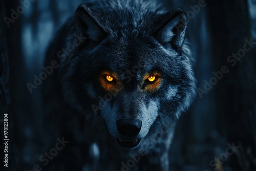 A close-up of a wolf with piercing orange eyes glowing in the dark, surrounded by the shadows of a dense forest, capturing the wild and mysterious nature of the wolf.