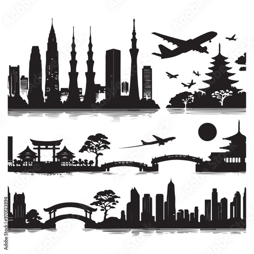 Set of skyline silhouettes isolated on a white background, Vector illustration.