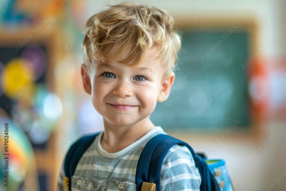 Joyful little boy ready for his first day at the preschool or in kindergarten after summer vacation Joyful little boy ready for his first day at the preschool or in kindergarten after summer vacation
